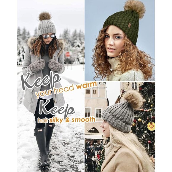 Women\'s Grey Winter Beanie Hat Satin Lined Faux Fur Pom Pom Beanies Hat